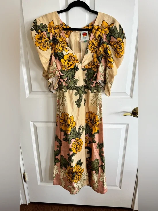 FARM Rio Delicate Flower Arabesques Linen Midi Dress- - Picture 3 of 9